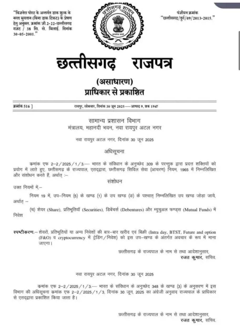रायपुर : सरकारी कर्मचारियों को शेयर व म्युचुअल फंड में निवेश की रहेगी अनुमति, इंट्राडे ट्रेडिंग पर रोक