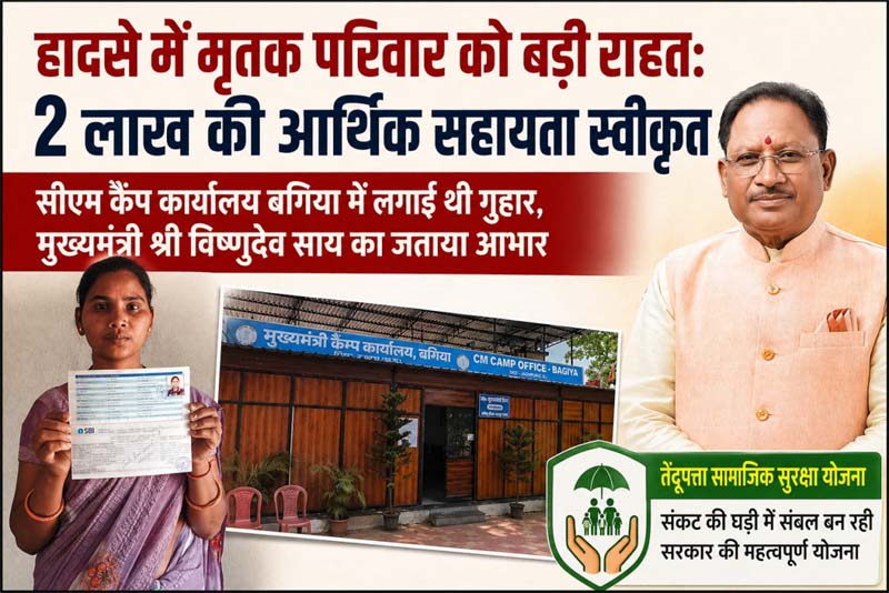 रायपुर : हादसे में मृतक परिवार को मिली बड़ी राहत : 2 लाख रुपए की सहायता स्वीकृत, सीएम कैंप कार्यालय बगिया में आवेदन के बाद त्वरित कार्रवाई